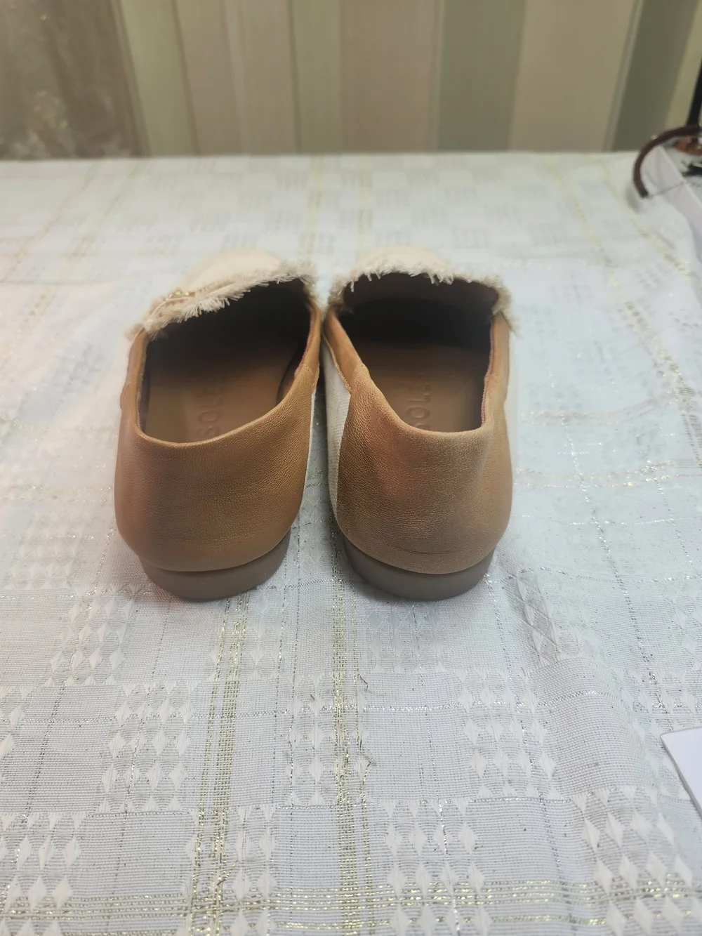 AEROSOLES Cream Canvas Loafers with Tan Trim